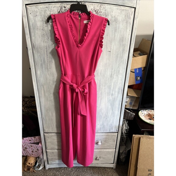 Calvin Klein wide leg ruffled jumpsuit romper Sz 12 pink cottage core feminine - Picture 7 of 13